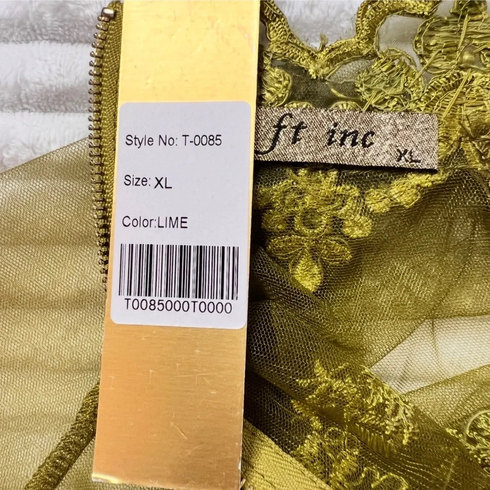 #A048   FT INC Olive Green Embroidered Mesh Top with High Neck, Sequins, XL - Picture 8 of 12